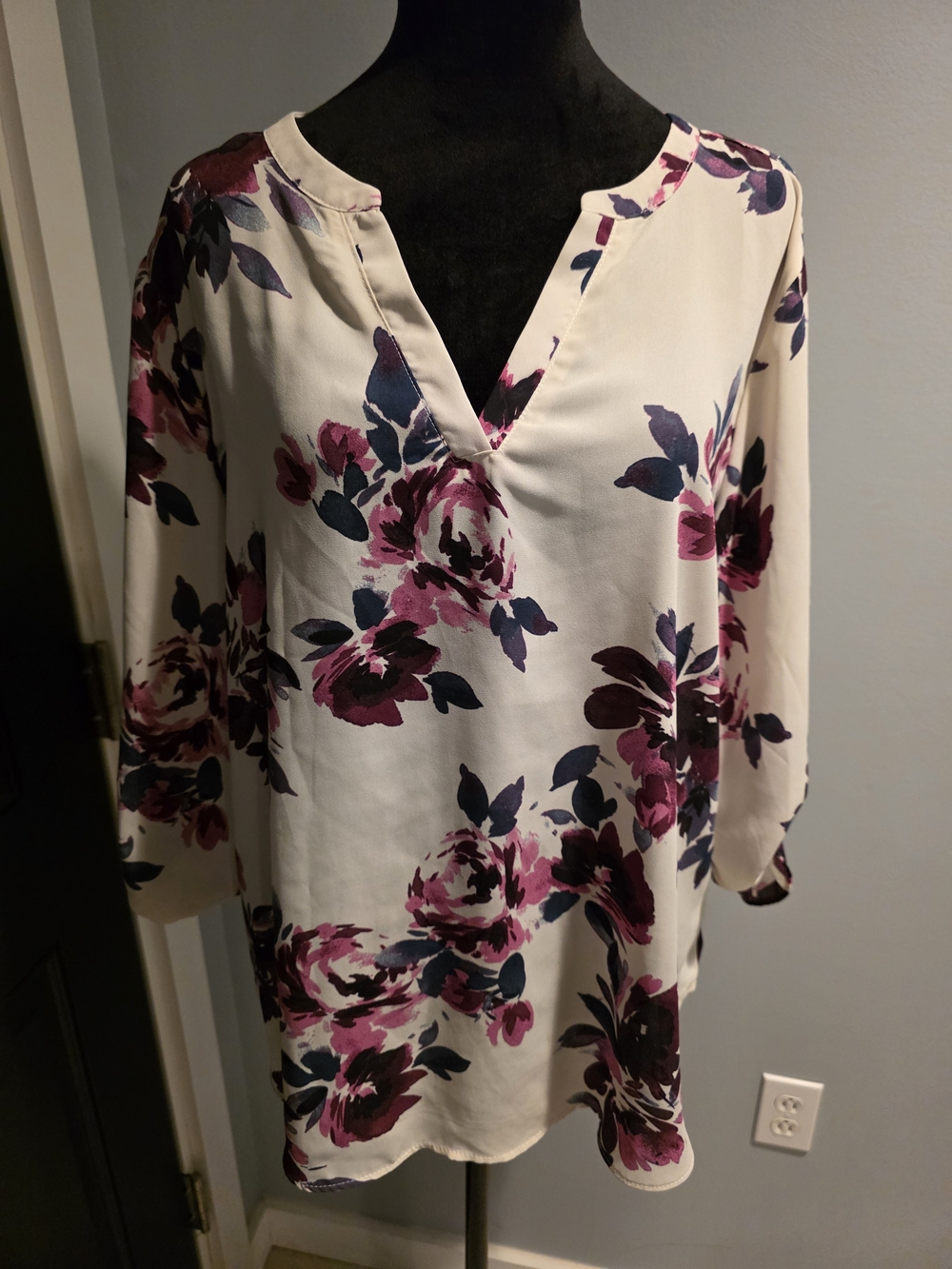 Maurices Cream Floral Blouse with Plum Accents